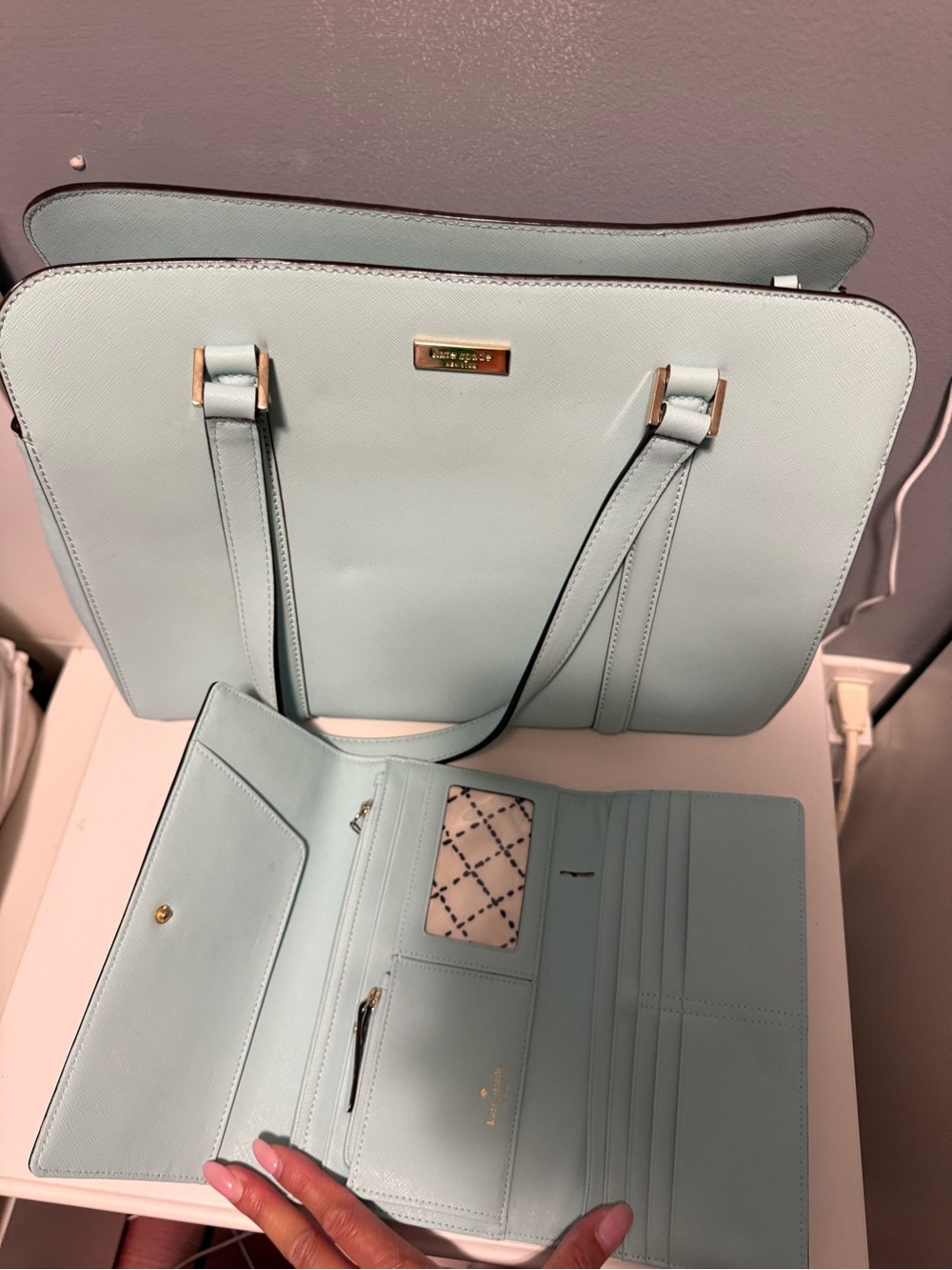 kate spade light blue leather tote with matching wallet - Picture 2 of 3
